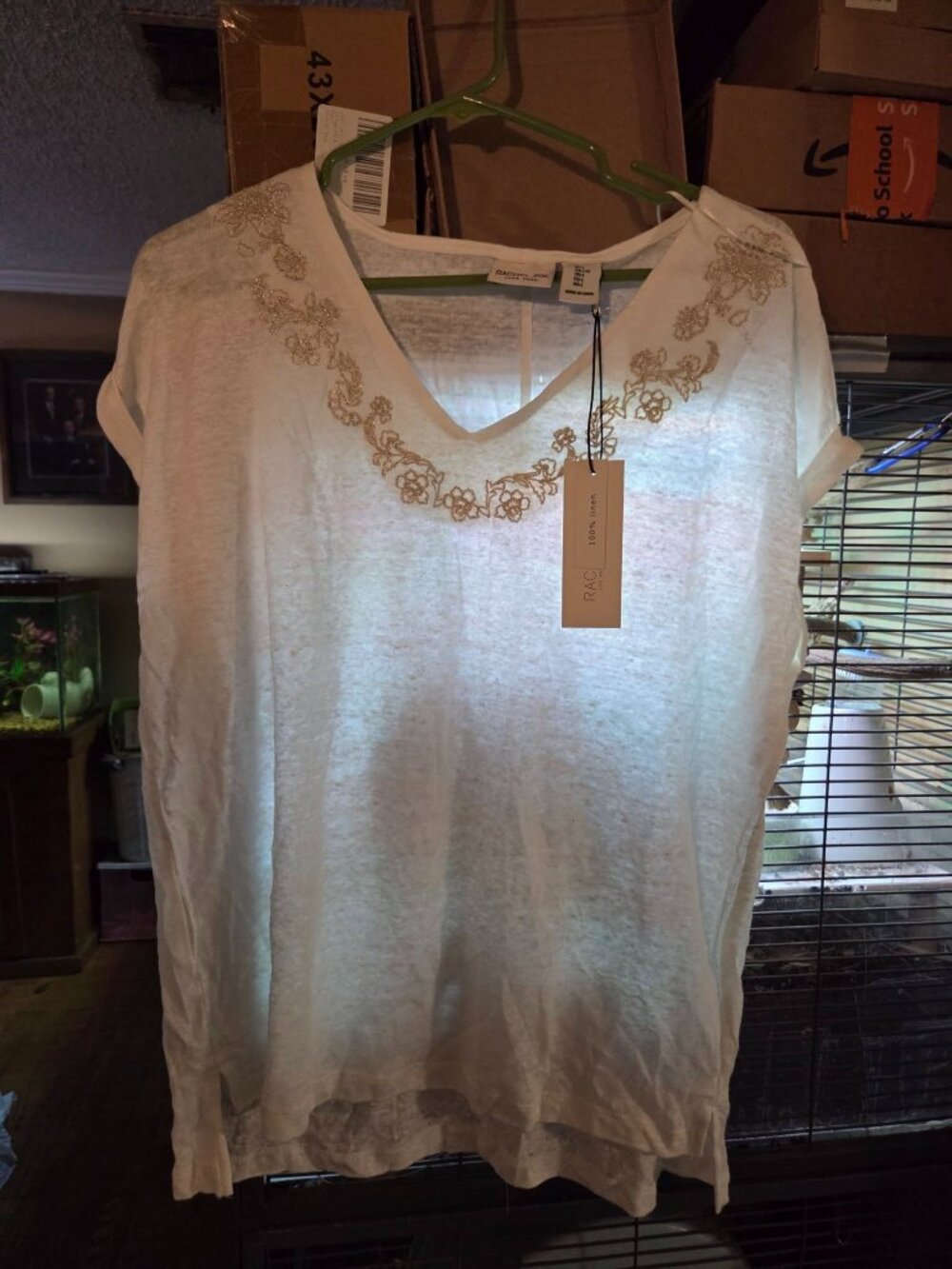 Rachel Zoe White Linen Floral Embroidered V-Neck Shirt